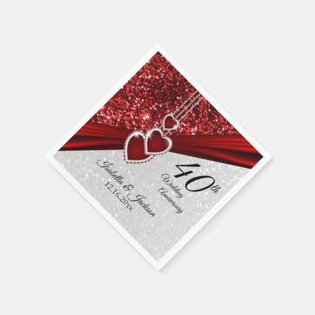 40th Ruby Red and White Glitter Anniversary Napkin (Corner)