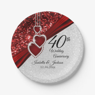 40th Ruby Red and White Glitter Anniversary Paper Plate