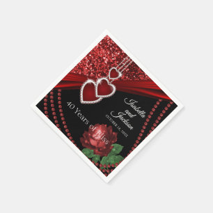 40th Ruby Red Glitter and Rose Anniversary Napkin