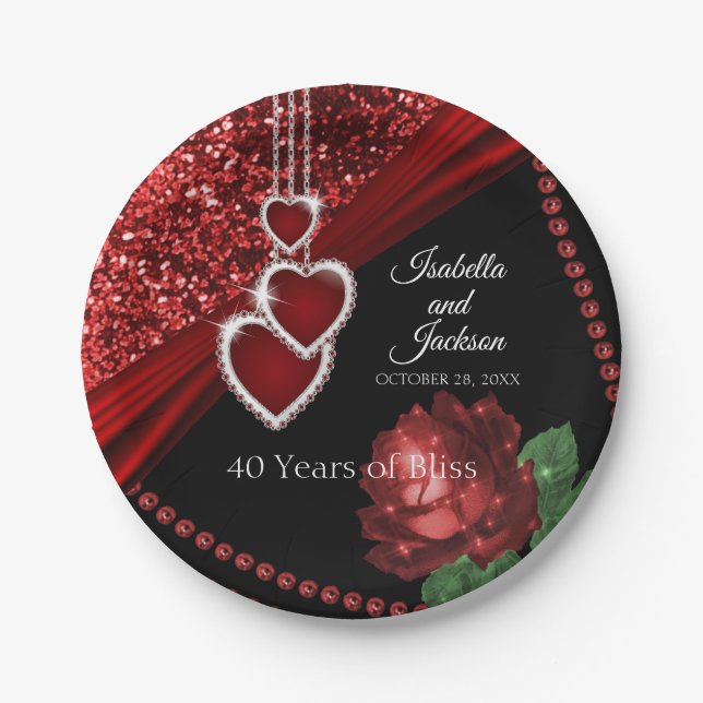 40th Ruby Red Glitter and Rose Anniversary Paper Plate (Front)
