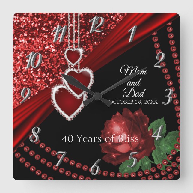 40th Ruby Red Glitter and Rose Anniversary Square Wall Clock (Front)
