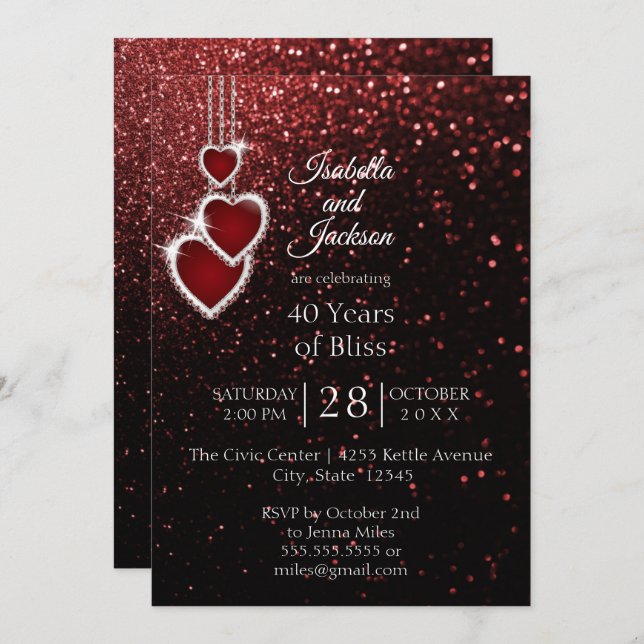 40th Ruby Red Glitter Anniversary Invitation (Front/Back)