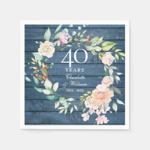 40th Ruby Wedding Anniversary Blue Rustic Floral Napkin