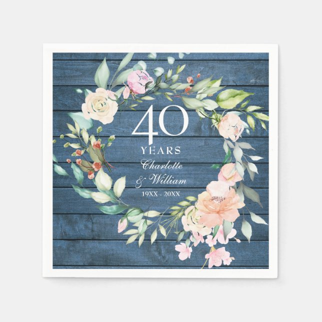 40th Ruby Wedding Anniversary Blue Rustic Floral Napkin (Front)