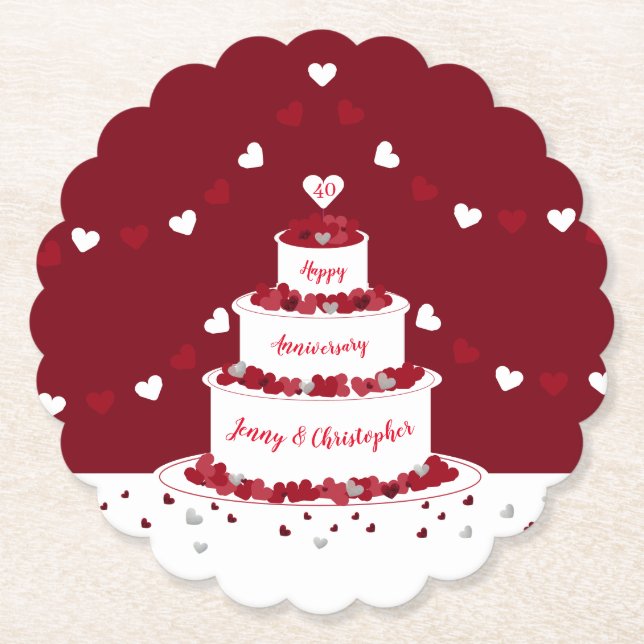 40th ruby wedding anniversary cake design paper coaster (Front)