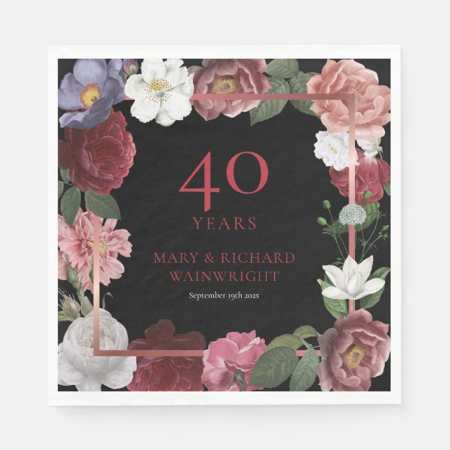40th Ruby Wedding Anniversary Chic Rose Floral Napkin (Front)