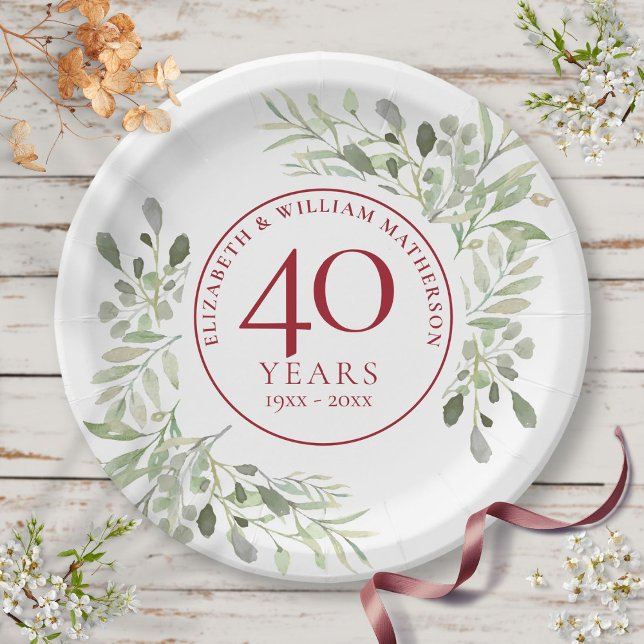 40th Ruby Wedding Anniversary Country Greenery  Paper Plate (40th Ruby Wedding Anniversary Country Greenery Paper Plates)