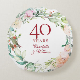 40th Ruby Wedding Anniversary Elegant Floral Round Cushion