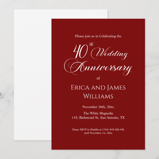 40th Ruby Wedding Anniversary Elegant Script Invitation (Front/Back)