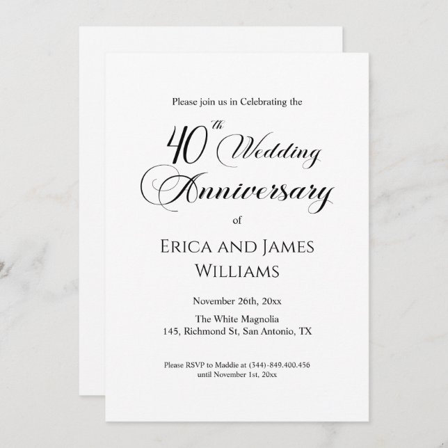 40th Ruby Wedding Anniversary Elegant Script Invitation (Front/Back)