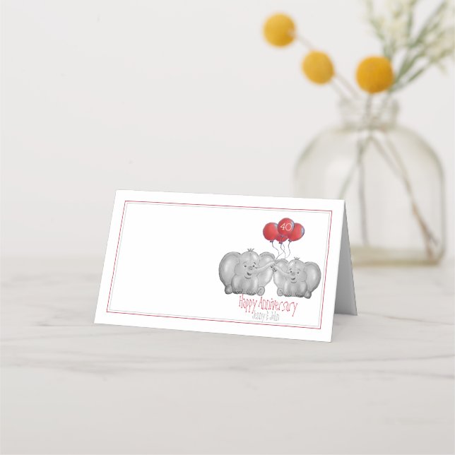 40th ruby wedding anniversary elephant customized place card (Front)
