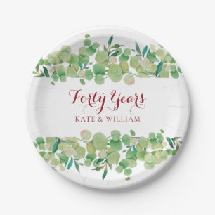 40th Ruby Wedding Anniversary Greenery Paper Plate