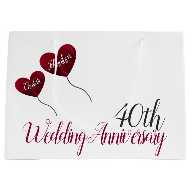 40th Ruby wedding anniversary red heart balloons Large Gift Bag (Front)