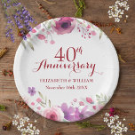 40th Ruby Wedding Anniversary Roses Floral Paper Plate<br><div class="desc">Featuring delicate watercolor roses above and below your personalised special forty years ruby wedding anniversary information in chic lettering. Designed by Thisisnotme©</div>