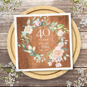 40th Ruby Wedding Anniversary Rustic Wood Roses Napkin
