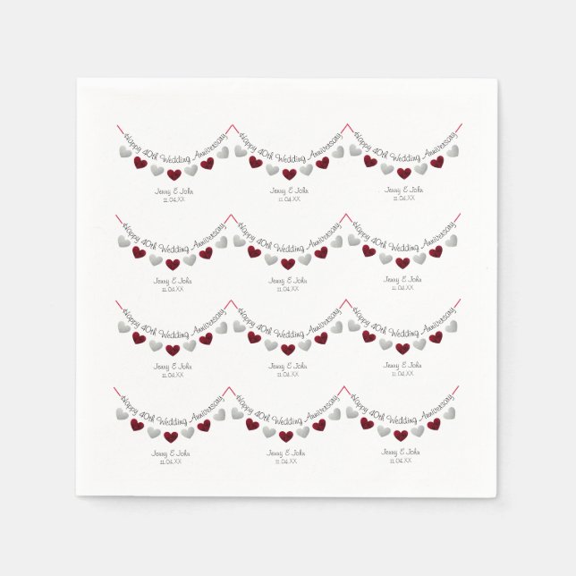 40th Ruby Wedding Anniversary silver & red napkins (Front)