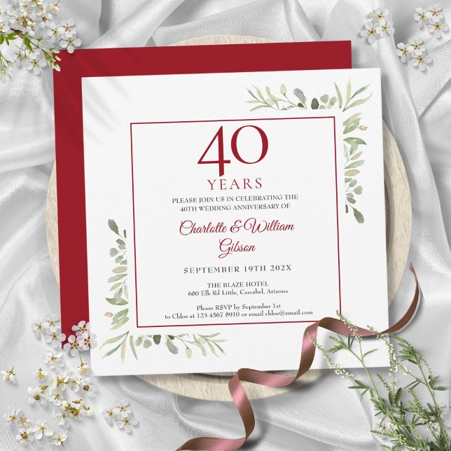 40th Ruby Wedding Anniversary Watercolor Greenery  Invitation (40th Ruby Wedding Anniversary Watercolor Greenery Invitation)