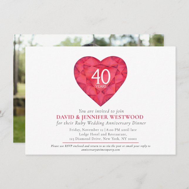 40th Ruby Wedding Anniversary watercolor heart  Invitation (Front/Back)