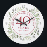 40th Ruby Wedding Anniversary Watercolor Leaves  Large Clock<br><div class="desc">Featuring delicate soft watercolor leaves,  this chic botanical 40th wedding anniversary design can be personalised with your special anniversary information in elegant ruby red text. Designed by Thisisnotme©</div>