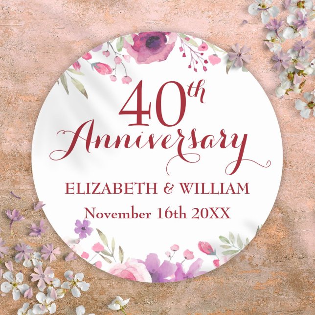 40th Ruby Wedding Anniversary Watercolor Roses Classic Round Sticker (40th Ruby Wedding Anniversary Watercolor Roses Classic Round Sticker)