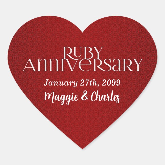 40th Ruby Wedding Annivsersary Names Heart Sticker (Front)