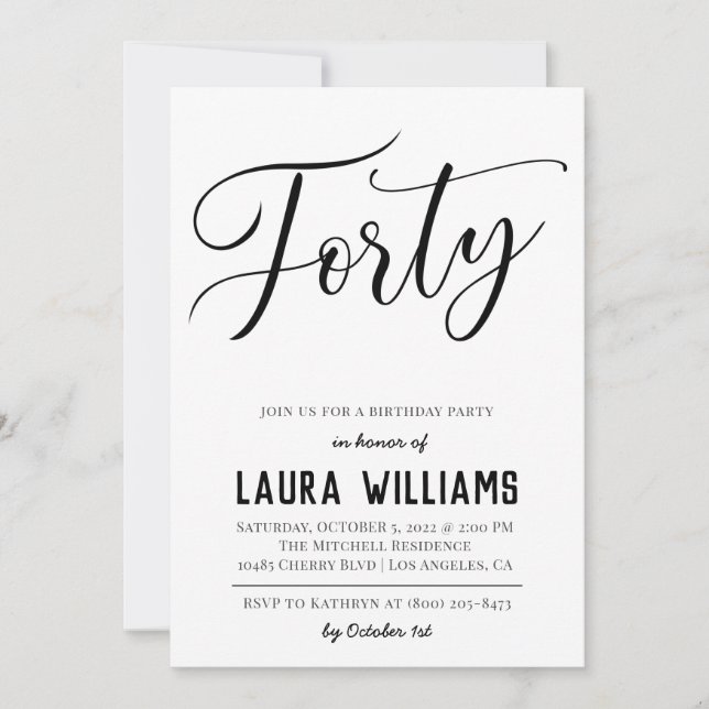 40th Script Word Birthday Invitation (Front)