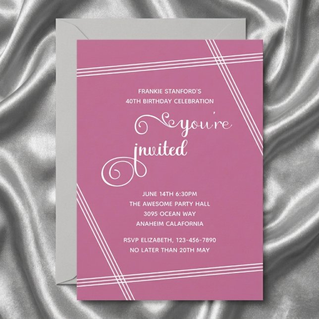 40th Simple Modern Elegant Birthday Party Invites (Pink 40th birthday invite. Grey silk background.)