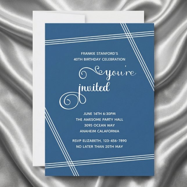 40th Simple Modern Elegant Birthday Party Invites (40th birthday blue invite. Grey silk background.)