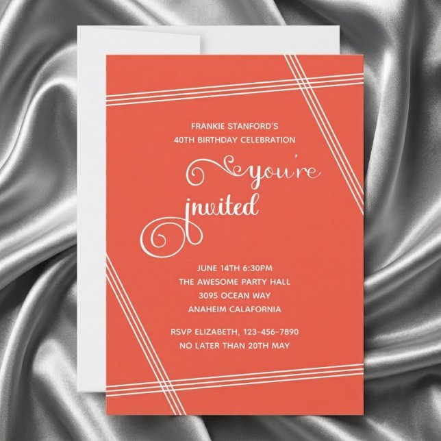 40th Simple Modern Elegant Birthday Party Invites (Orange 40th Birthday invite. Grey silk background.)