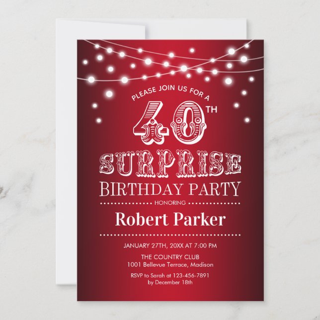 40th Surprise Birthday - Black Red White Invitation (Front)