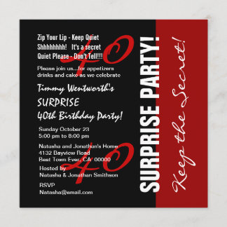 40th SURPRISE Birthday Black Red White W1895 Invitation