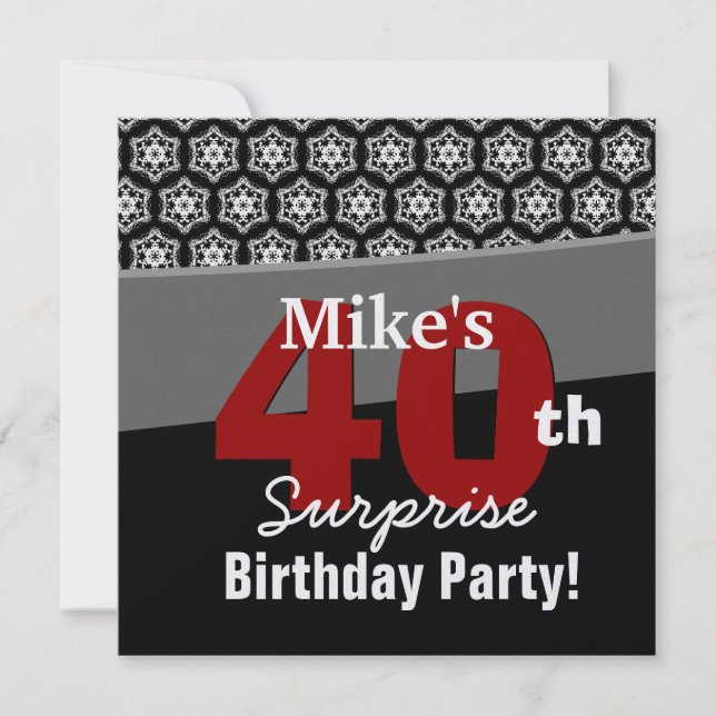 40th Surprise Birthday Black White Red Stars Invitation (Front)