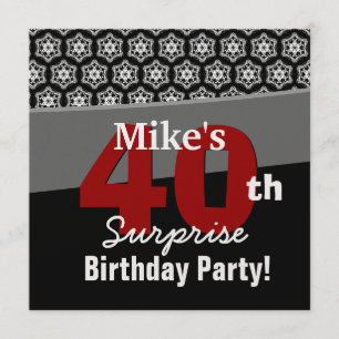 40th Surprise Birthday Black White Red Stars Invitation