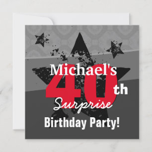 40th Surprise Birthday Charcoal and Red Grunge C40 Invitation