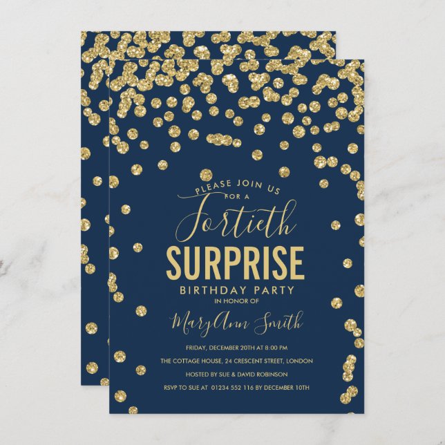 40th Surprise Birthday Gold Navy Blue Invitation (Front/Back)