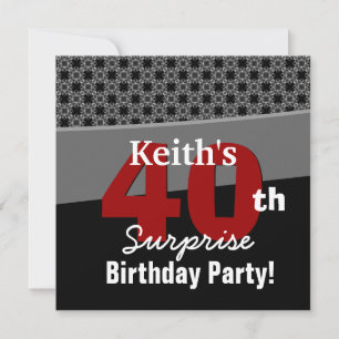 40th Surprise Birthday Modern Black White Red V04 Invitation