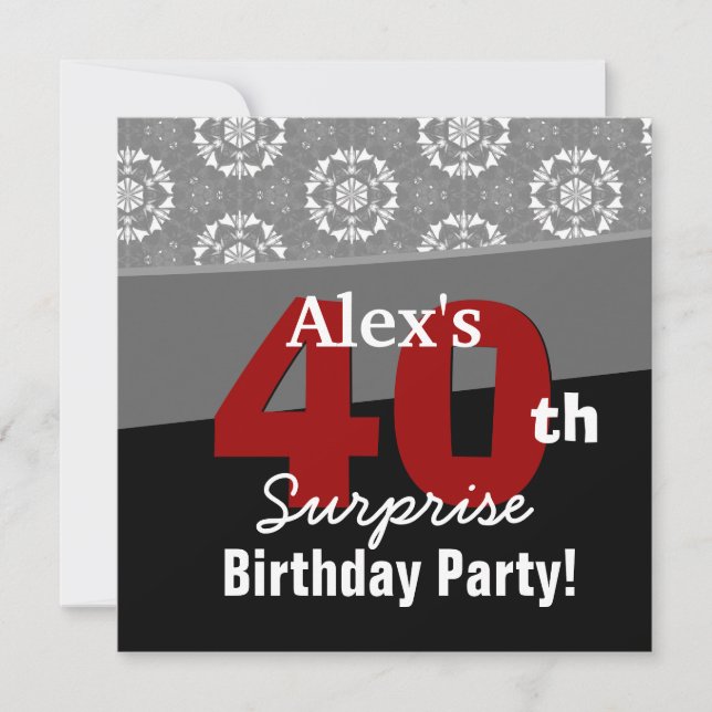 40th Surprise Birthday Modern Black White Red V13 Invitation (Front)