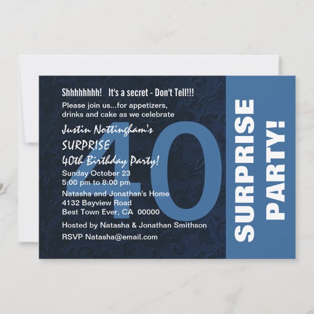 40th SURPRISE Birthday Party Modern Midnight Blue Invitation (Front)