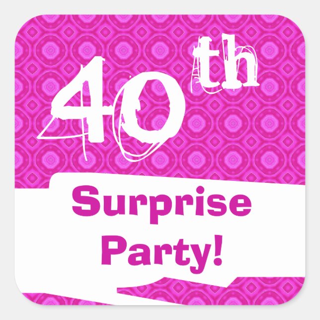 40th Surprise Birthday Party Pink Pattern Template Square Sticker (Front)
