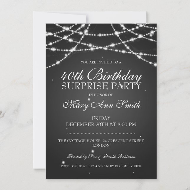40th Surprise Birthday Party String Stars Black Invitation (Front)