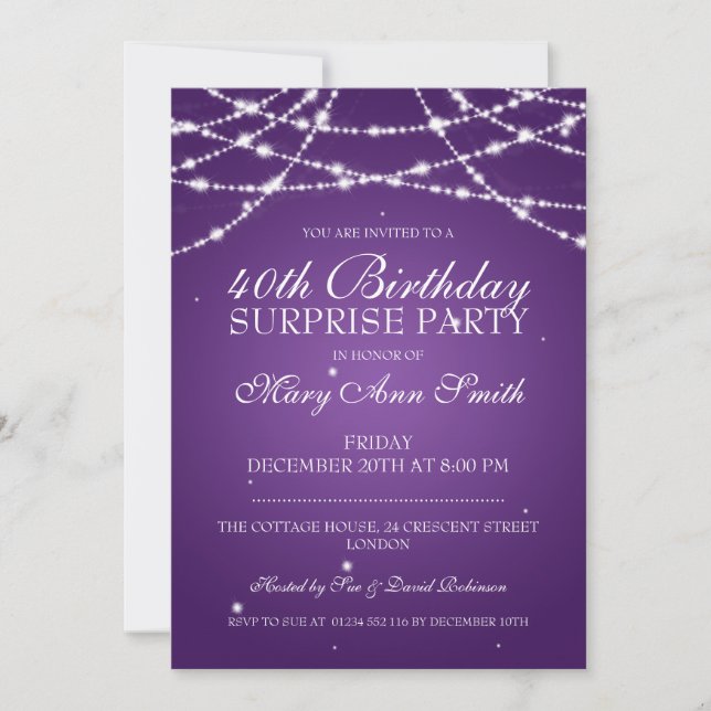 40th Surprise Birthday Party String Stars Purple Invitation (Front)