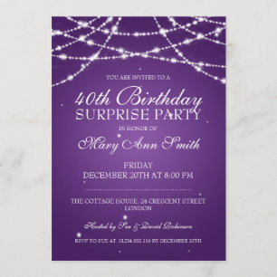 40th Surprise Birthday Party String Stars Purple Invitation