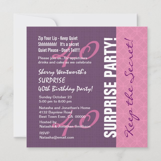 40th SURPRISE Birthday Purple and Pink Pattern Invitation (Front)