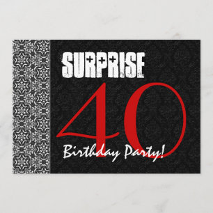 40th Surprise Birthday Red Black White Pattern Invitation