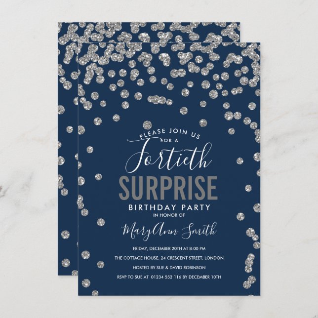 40th Surprise Birthday Silver Navy Invitation (Front/Back)