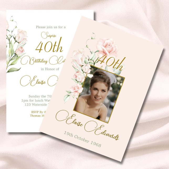 40th Surprise Blush Pink Floral Photo Birthday Invitation (Creator Uploaded)