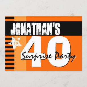 40th SURPRISE Party Orange and Black Stripes A2 Invitation