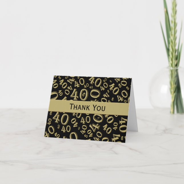 40th "Thank you!" Black/Gold Random Number Pattern Thank You Card (Front)