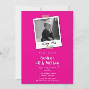 40th Vintage Birthday Photo 80's 1980's Pink Invitation