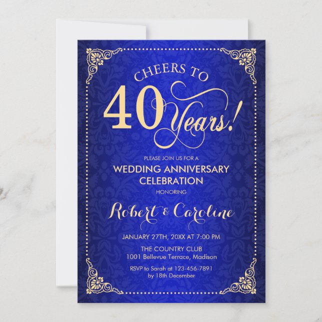 40th Wedding Anniversary - Blue Gold Damask Invitation (Front)